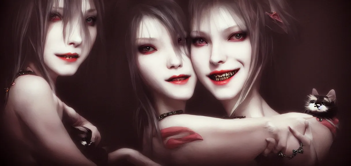 Image similar to portrait of a stylish vampire woman in her loft smiling at her cat, by yoshitaka amano, casey baugh, and artgerm rendered with 3 d effect.