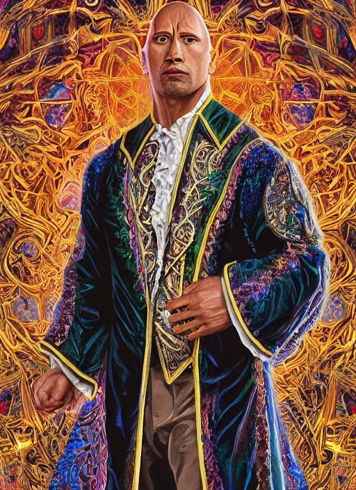 Image similar to beautiful oil painting, portrait of Dwayne the rock Johnson as Louis xiv in coronation robes 1701, Dan Mumford, Dan Mumford, Alex grey, Alex grey, lsd visuals, dmt fractal patterns, entheogen, psychedelic, hallucinogen, highly detailed, ornate, vaporwave