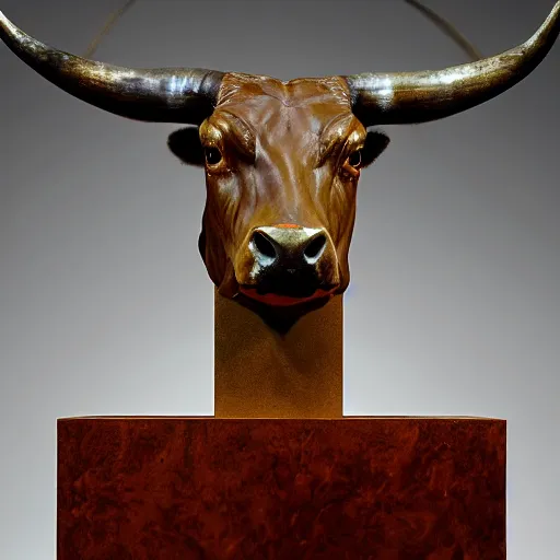 Image similar to professional color photograph of a patinated bronze portrait bust of a furious Texas longhorn steer supported by a bronze plinth, by Auguste Rodin, Jean-Leon Gerome
