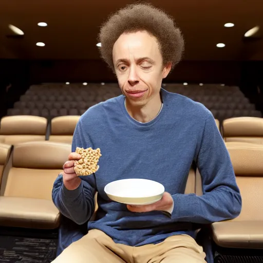 Prompt: malcolm gladwell eating beans from a bowl in an empty AMC movie theater, high res, 4k, realistic