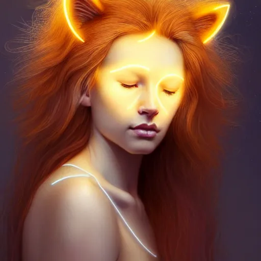 Prompt: Portrait of a girl angel with pale orange colored frizzy strands of illuminated hair, cat ears on her head, glowing halo, Lion's Mane, Lion's Gate, 8/8, fantasy, intricate, elegant, highly detailed, digital painting, artstation, concept art, smooth, sharp focus, illustration, art by Krenz Cushart and Artem Demura and alphonse mucha