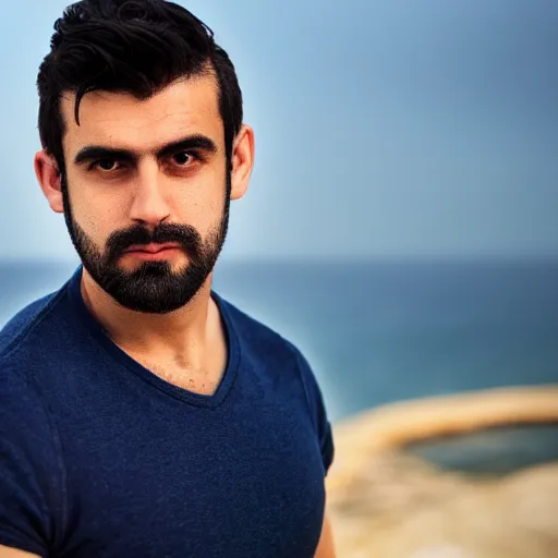 Prompt: real life photo of a Greek man, short dark hair, clean shaven, blue watery eyes, full round face, short smile, serene coastal setting, cinematic lightning, medium shot, mid-shot, highly detailed, photorealistic, 80mm, 85mm, cinematic wallpaper