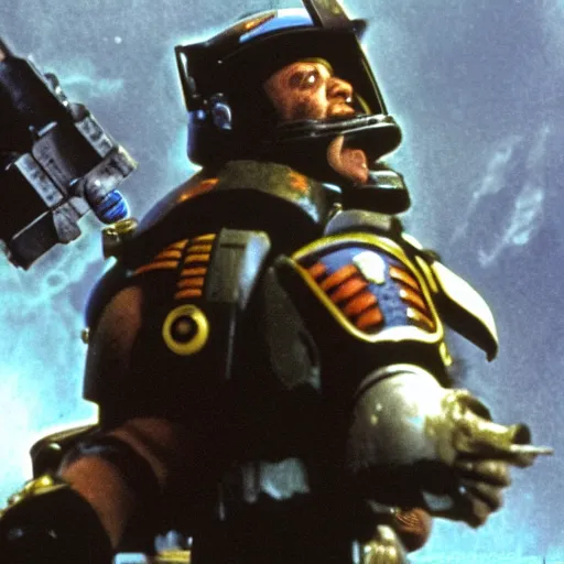 Image similar to danny devito as a space marine in starship troopers fighting the bugs, dramatic action shot