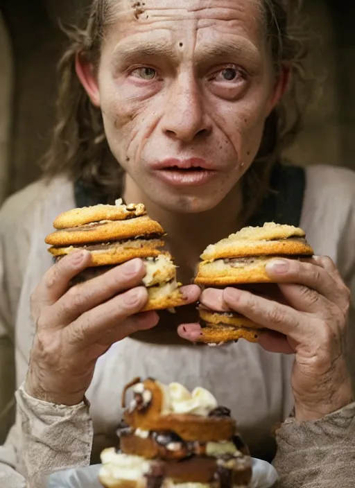 Image similar to closeup portrait of a medieval goblin eating cakes in the cloisters, depth of field, zeiss lens, detailed, symmetrical, centered, fashion photoshoot, by Annie Leibovitz and Steve McCurry, David Lazar, Jimmy Nelsson, Breathtaking, 8k resolution, extremely detailed, beautiful, establishing shot, artistic, hyperrealistic, beautiful face, octane render