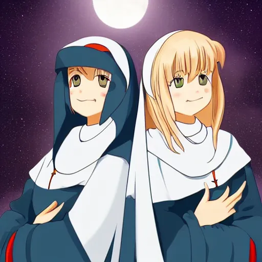 Prompt: two identical beautiful female nuns under clear night sky, detailed anime art, upscaled