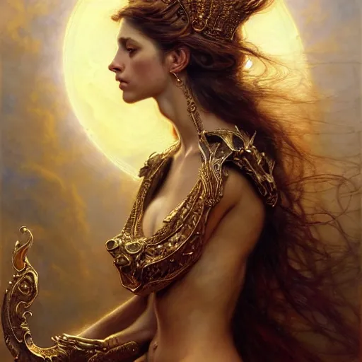 Image similar to highly detailed portrait of a majestic lioness queen in the form of a beautiful woman. d & d. art by donato giancola, franz xaver winterhalter, luis royo, bastien lecouffe - deharme. trending on artstation, intricate details, energetic composition, golden ratio, concept art, illustration, elegant art, global illuminaition