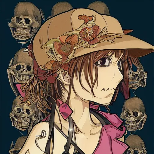 Image similar to anime manga skull portrait girl female dora the explorer skeleton illustration hyperrealistic art Geof Darrow and will cotton alphonse mucha pop art nouveau