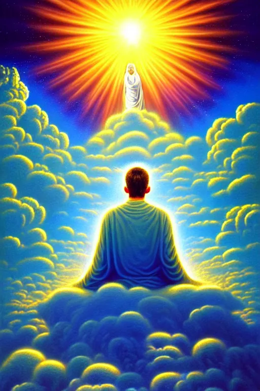 Prompt: a photorealistic painting of a man achieving spiritual enlightenment, bliss, beautiful vibrant iridescent future for human evolution, spiritual science, divinity, utopian, cumulus clouds, ornate, isometric, by david a. hardy, kinkade, lisa frank, wpa, public works mural, socialist by johfra bosschart, dark fantasy art, high detail, trending on artstation