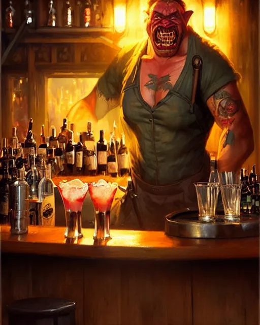 Image similar to orc bartender serving drinks | | realistic shaded, fine details, realistic shaded lighting poster by greg rutkowski, magali villeneuve, artgerm, jeremy lipkin and michael garmash and rob rey