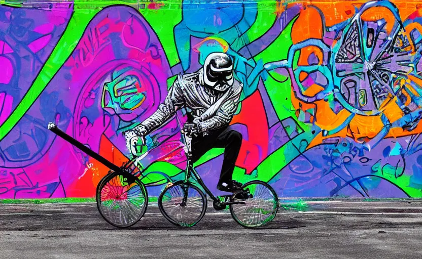 Image similar to psychedelic graffiti art of Darth Vader riding a unicycle, 4k wallpaper