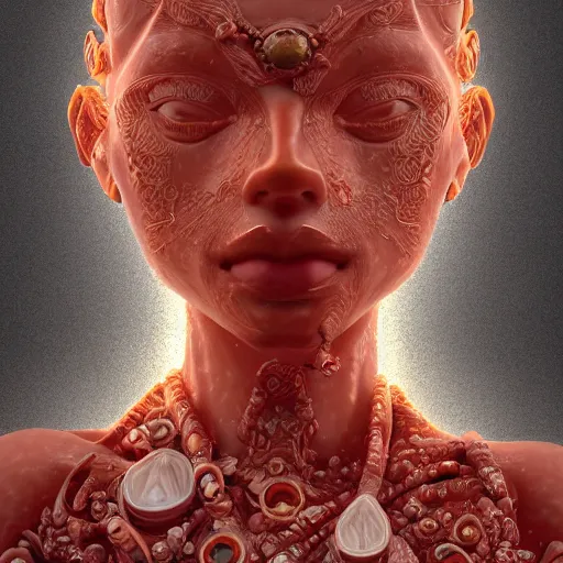 Image similar to abstract highly detailed female sculpture drawing made of white marble and red crystals quartz and minerals, ethereal lights, fine details, artstation, digital paint, fantasy, cinematic photoshooting, illustration, 8 k, intricate golden filigree, octane render, hypperrealistic painting, abstract liquid, concept art, painting by james gilleard and minna sundberg