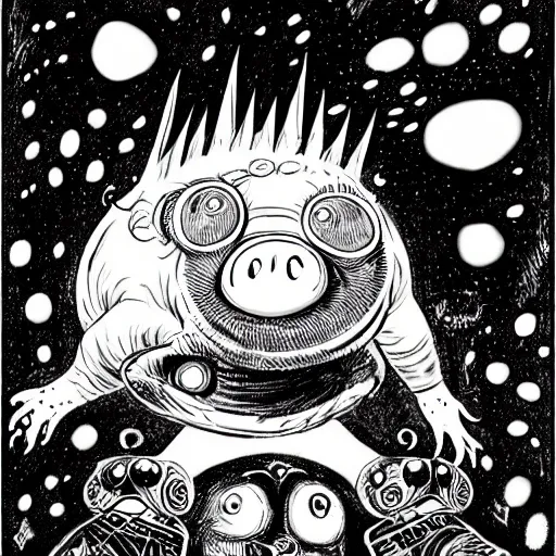 Image similar to black and white trippy comic art of a mutant pig wearing a gold crown fighting aliens, lots of particles, drawn by Martin Rowson, Tim Burton, Studio Ghibli, Alex Pardee, Nekro Petros Afshar, James McDermott, cgsociety 4K