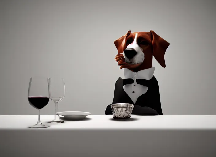 Prompt: a portait picture of a dog wearing a formal suit near a table with a cup of wine, concept art, octane render, unreal engine 5, 4K, symmetrical, low contrast, serene landscape, calm, relaxing, high quality, highly detailed, high coherence, path tracing, natural light, trending on DeviantArt