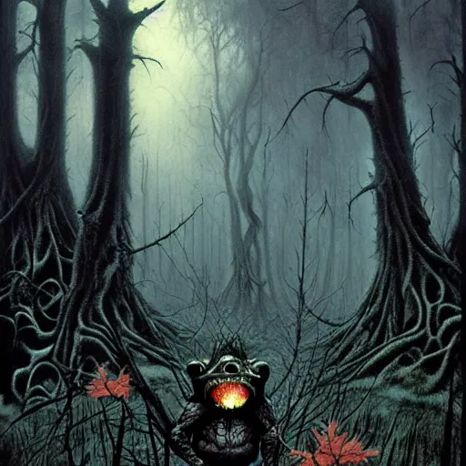 Image similar to evil toads in the forest, foggy, atmospheric, highly detailed, realistic, gothic horror, gerald brom