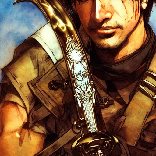 Prompt: portrait of a hero holding his sword in front of his face by yoji shinkawa, high quality, extra details, realism, ornate, colored, golden chain, blood, white skin, short hair, brown eyes, vivid, sunlight, dynamic, american man, freedom, soldier