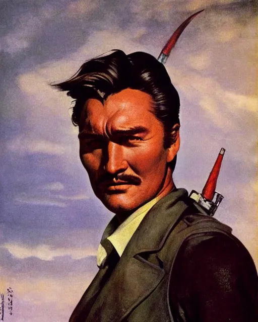 Prompt: Errol Flynn as a scientist. 1980s dystopian Soviet Russia, propaganda screens. Fantasy art by Greg Rutkowski, Gustave Courbet, Rosa Bonheur, Edward Hopper, Ilya Yefimovich Repin, Jean-François Millet, Andrew Newell Wyeth. Faithfully depicted facial expression, perfect anatomy, trending on ArtStation