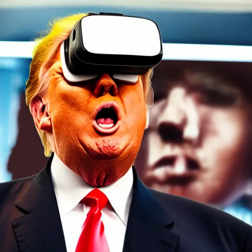 Prompt: Donald Trump wearing a large virtual reality headset, futuristic, full Body portrait