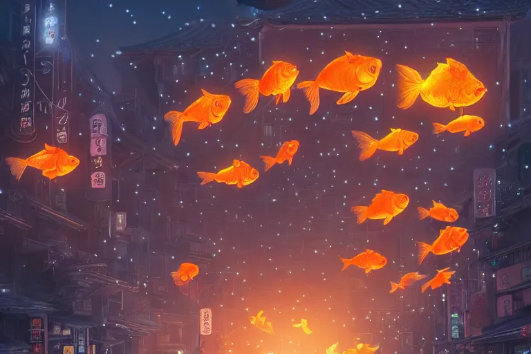 Prompt: fantasy art of glowing goldfish swimming in the air, in the streets of a japanese town at night, with people watching in wonder, by studio ghibli and makoto shinkai, highly detailed digital art, trending on artstation