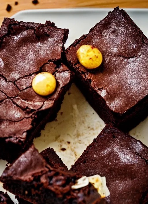 Prompt: the most delicious brownie ever, beautifully presented at a fine dining restaurant, high quality photograph, a light shining down on the brownie, it is angelic, beautiful and ready to ascend to heaven