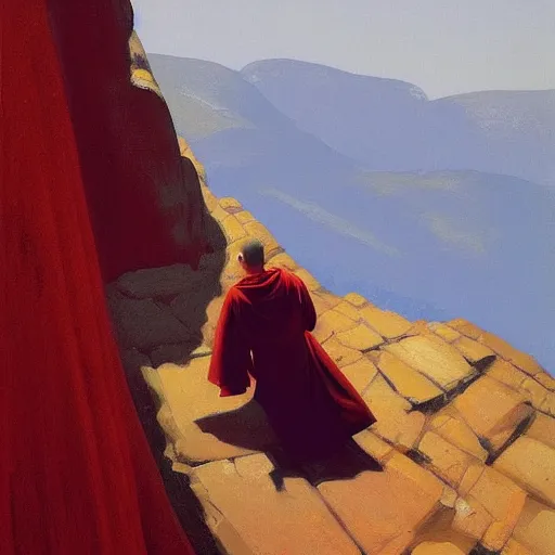 Image similar to sienna portrait of the astute monk crimson robe climbing the treacherous mountain stairway to the monastery jamie wyeth james gilleard edward hopper greg rutkowski acrylic painting