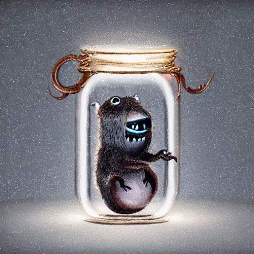 Image similar to cute monster in a jar by Greg Rutkowski, product photography, centered, studio lightning