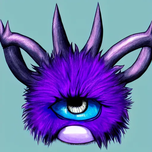 Image similar to A realistic drawing of a blue fuzzy monster with purple horns and one big cute eye