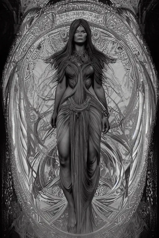 Prompt: a realistic dark photo of a beautiful ancient alien woman goddess kate moss nataraja standing in iris van herpen dress in style of alphonse mucha art nuvo dmt trending on artstation made in unreal engine 4 in 8 k