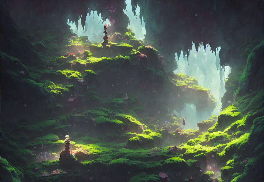 Image similar to a dark cave with crystals and moss on the walls, intricate oil painting, high detail illustration, sharp high detail, manga and anime 1 9 9 9, official fanart behance hd artstation by jesper ejsing and makoto shinkai, 4 k,
