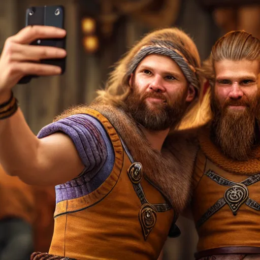 Prompt: Two viking brothers taking a selfie in a crowded tavern, anatomically correct, dof, Arnold Render, intricately detailed, 8k