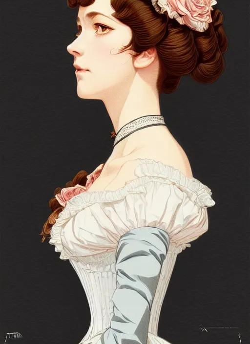 Prompt: 3 / 4 view of a portrait of woman in victorian clothing, confident pose, intricate, elegant, sharp focus, illustration, highly detailed, concept art, matte, trending on artstation, anime, art by james jean and artgerm and brian despain, ilya kuvshinov, strong strokes,