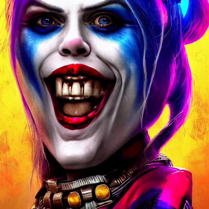 Image similar to portrait of alexandra daddario as a harley quinn in suicide squad. intricate abstract. intricate artwork. by tooth wu, wlop, beeple, dan mumford. octane render, trending on artstation, greg rutkowski very coherent symmetrical artwork. cinematic, hyper realism, high detail, octane render, 8 k, iridescent accents