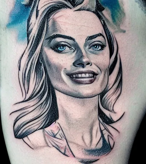 Image similar to tattoo design sketch of margot robbie and beautiful mountain scenery mash up, in the style of matyas halasz, surrealist, amazing detail, sharp