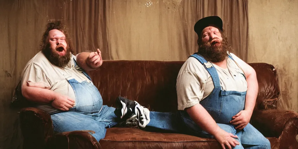 Image similar to extremely obese redneck white male with long beard, wearing dirty overalls, dirty greasy face, angry frown, reclining on a sofa, kodak gold 2 0 0, 5 0 mm