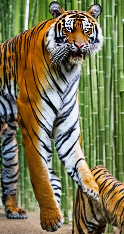 Image similar to a photo of a bengal tiger walking through bamboo towards the camera, looking at the camera, 200mm, canon, f5.6