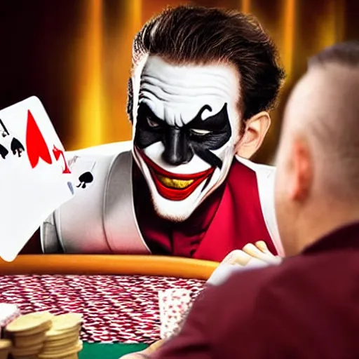 Image similar to A prince of thieves dealing cards at a poker table, wearing a joker's mask