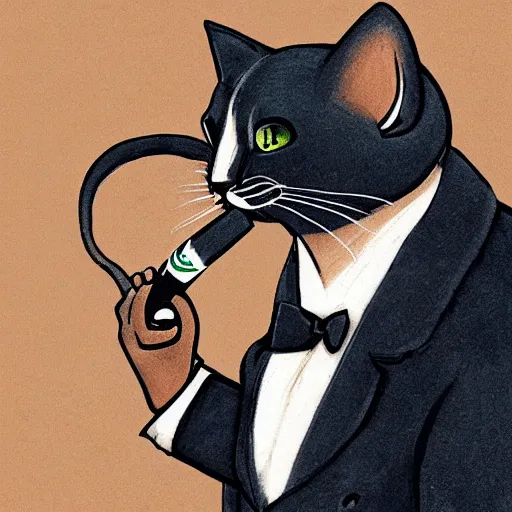 Prompt: an antropomorphic cat wearing a suit smoking a cigar