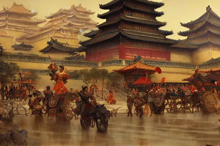 Image similar to tang dynasty city, painting by gaston bussiere, craig mullins, j. c. leyendecker, tom of finland