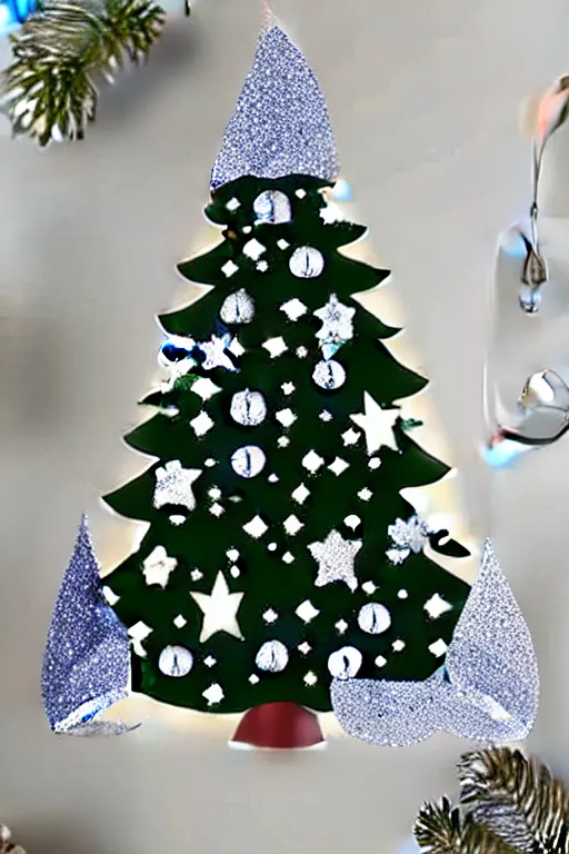 Prompt: flat sticker scandi christmas tree with kitsch glitzy baubles and stars and christmas robin bird decorations, silver sapphire blue white mood, smooth sharp focus