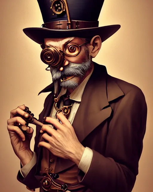 Prompt: steampunk old man portrait, handsome, steampunk hat, detective coat, steampunk monocle, smoking pipe, hyper realistic 3 d render by ilya kuvshinov, peter mohrbacher, greg rutkowski, ryohei hase, dramatic lighting, intricate, highly detailed, sharp focus, luminous, unreal engine, blender, deviant art, masterpiece, ray tracing