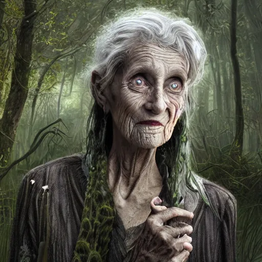 Image similar to fantasy portrait of an emaciated yet energetic old woman with silky, cloudy grey hair, black scars on her face, swamp vegetation in the background, nocturnal palette, art by greg rutowski, raphael lacoste, eddie mendoza, 4 k oil linen, soft green lighting