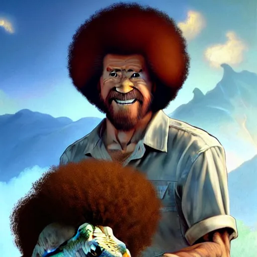 Image similar to bob ross!!! riding!!! a dinosaur!!, giant afro!, model pose, ultra realistic, concept art, intricate details, highly detailed, photorealistic, octane render, 8 k, unreal engine. art by artgerm and greg rutkowski and alphonse mucha