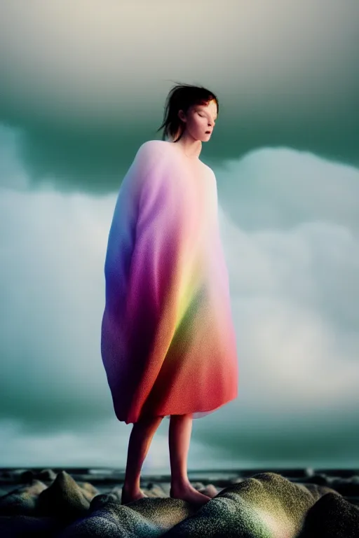 Image similar to high quality pastel coloured film close up wide angle photograph of a model wearing clothing resting on cloud furniture in a icelandic black rock!! environment in a partially haze filled dreamstate world. three point light, rainbow. photographic production. art directed. pastel colours. volumetric clouds. pastel gradient overlay. waves glitch artefacts. extreme facial clarity. 8 k. filmic.