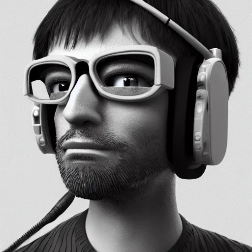 Image similar to rpg character concept art, modular synth musician patching cables, wires flying in the air, wearing a prototype ar headset, in the style of jamie hewlett hiroya oku riyoko ikeda, 3 d render, artstation trending, 8 k, octane render, photorealistic, sharp detail, manga, black and white