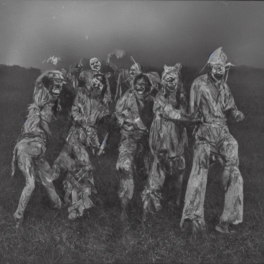 Image similar to circa 1 9 7 0 s restored 1 3 mm film photograph of a group of clowns in a field holding machetes at night, liminal, dark, thunderstorm, dark, flash on, blurry, ominous lighting