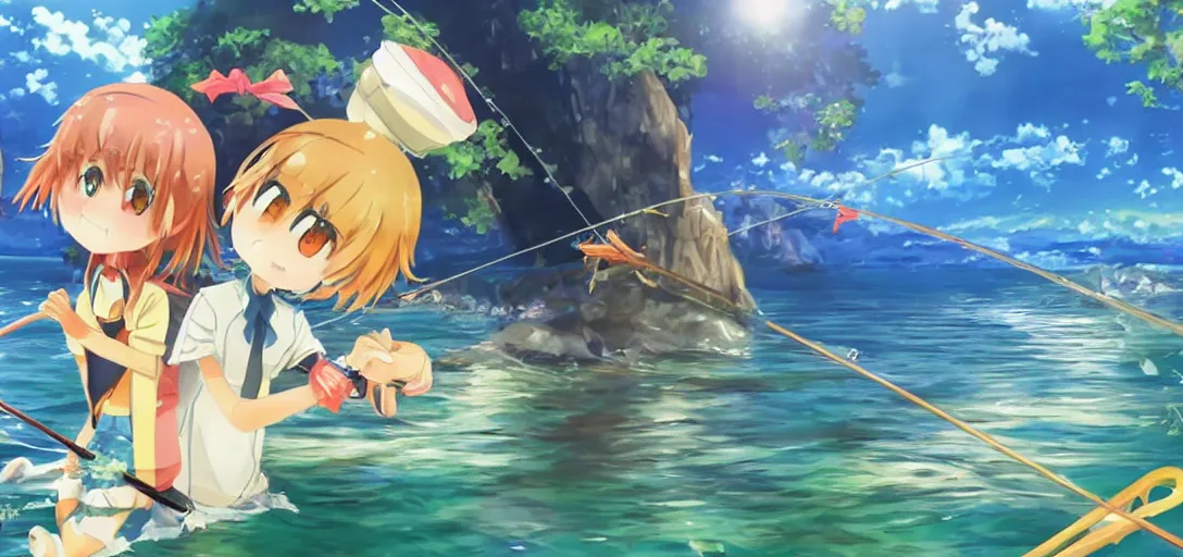 Prompt: cute anime character fishing in the evening
