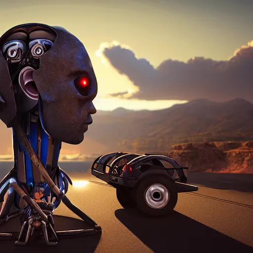 Image similar to Giant half robotic head of David Copperfield, dark hair, heavy eyebrows, on the top of a robotic car with wheels running on a californian highway, rays of light, particles light, kuvshinov ilya, unreal engine