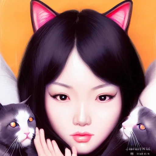 Image similar to bemused to be in surrounded by cats portrait of a vietnamese actress looking straight on, complex artistic color illustration, full detail, soft shadowing, fully immersive reflections and particle effects, concept art by artgerm, by range murata