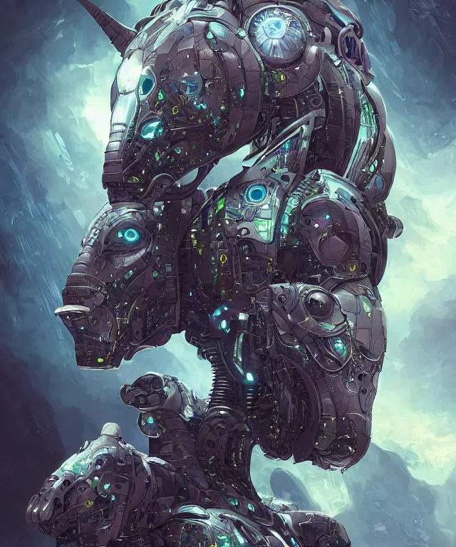 Prompt: an anthropomorphic rhinoceros portrait wearing a part cybernetic body, surrealism , scifi, intricate mecha armor, elegant, highly detailed cybernetic body, neon glowing eyes, digital painting, artstation, concept art, smooth, sharp focus, illustration, art by Artgerm and moebius and Peter Mohrbacher