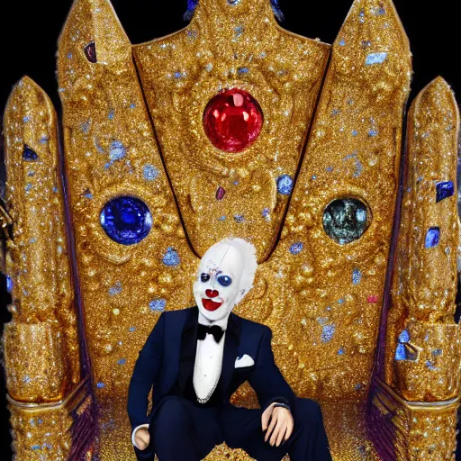 Prompt: shining giant throne made of millions of diamonds, gold and sapphires with thousands of light reflections, and a clown on a tuxedo suit is sitting on the throne while handing an earth model, dramatic light, digital painting, ultradetailed, artstation, oil painting