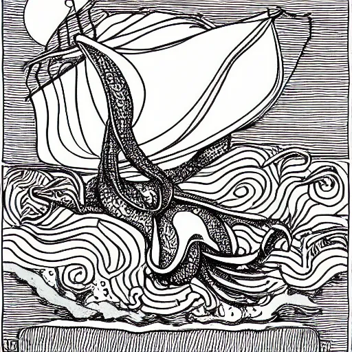 Image similar to a giant squid carrying napoleon on its back, coloring book page